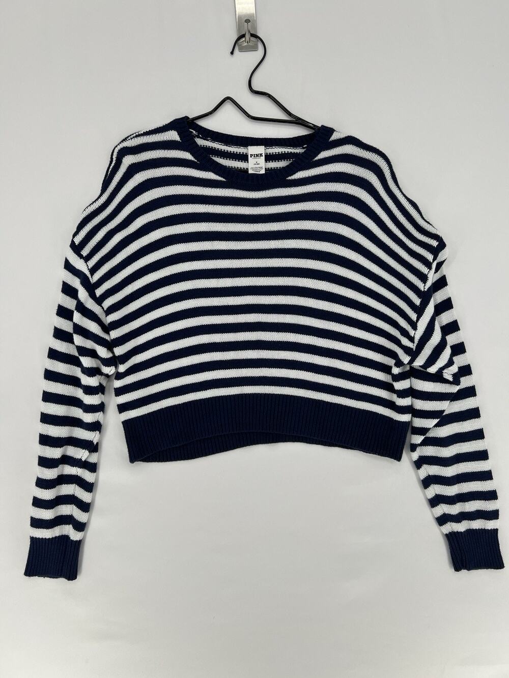 PINK Victoria's Secret Striped Crop Sweater Womens Medium Blue White Crewneck